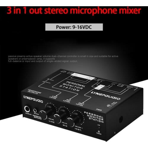 KYYSLB B877 DC9-16V 3 In 1 Out Stereo Microphone Mixer Balanced Signal Output Unbalanced To Balanced Signal Mixer