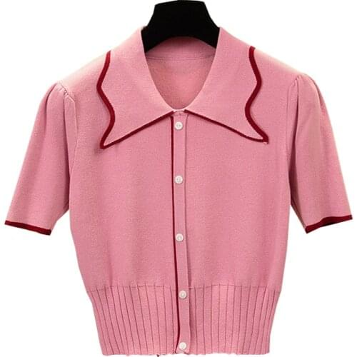 LJSXLS Turn-Down Collar Short Sleeve T-shirt Women Sexy Slim Crop Top Knitted Cropped Tee Female 2021 Summer New Cute Clothes