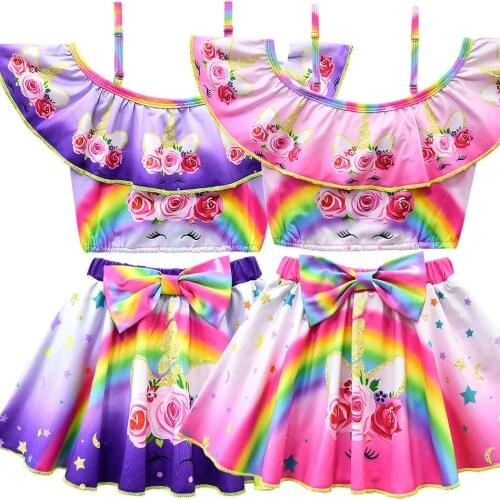 Cute Rainbow Unicorn Swimsuit for Girls Floral Print 2Pcs Clothing Flying Sleeve Tops+Bow Short Skirt Childrens Swimwear 3-10Y