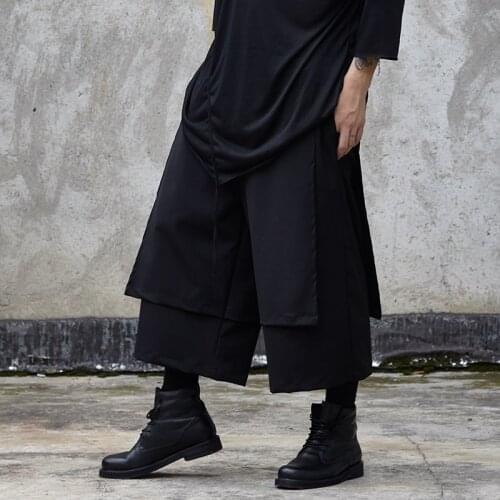 Mens eight trousers Spring/summer Yamamoto style Dark black trend mens skirt pants false 2 loose bell-bottom wide leg pants