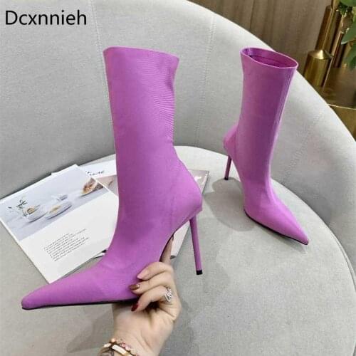 New pink runway pointed toe Elastic boots woman cup high heel woman sock ankle boots woman slip on black short boots woman