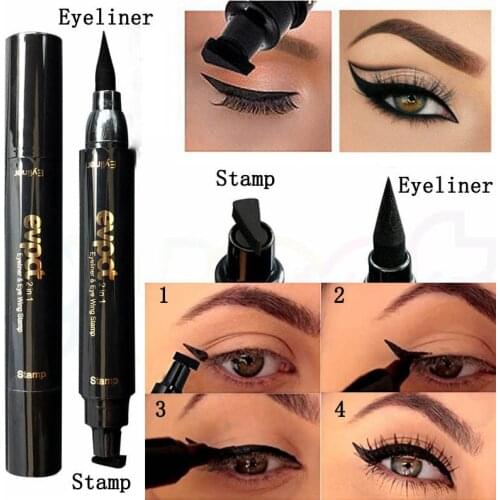 NEW 2in1 Pro Eyeliner Stamp Waterproof Makeup Eye Liner Pencil Black Liquid Eye Liner Pencil Brown Purple Color T0881