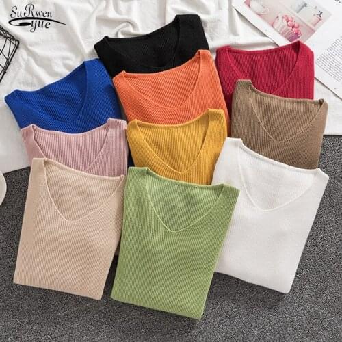 Autumn/winter 2021 Korean Knit Bottoming Shirt Woman V-neck Pullover Slim Long-sleeve Sweater Women Fashion Solid Top Lady 16037