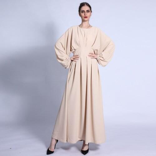 Summer Women One-Piece Long Lantern Sleeve A Line Box Pleated Maxi Dress With Tight Waist Vintage Robe Abaya Muslim Fashion2021