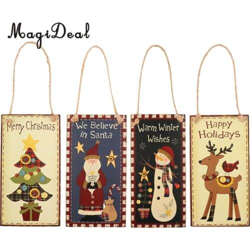 Merry Christmas Wooden Plaque Board with Snowman Santa Claus Christmas Tree Deer Decor Holiday Home Wall Hanging Sign