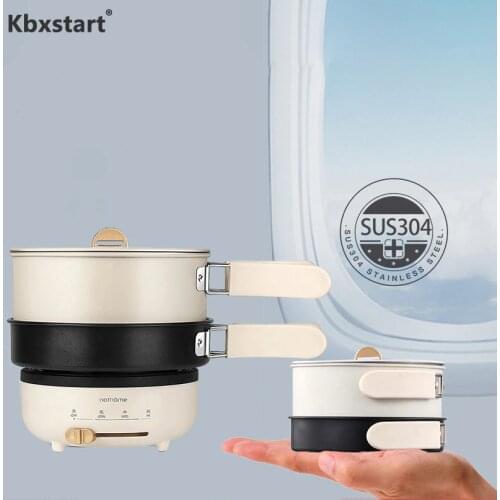 Kbxstart 220V Collapsible Electric Hot Pot Mini Portable Travel Multicooker Folding Handle Non-stick Frying Pan Kitchen Cooker