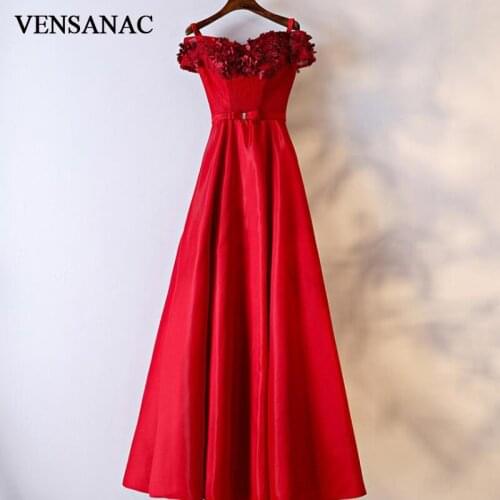VENSANAC Boat Neck Lace Flowers A Line Long Evening Dresses 2018 Vintage Embroidery Party Bow Crystal Sash Prom Gowns