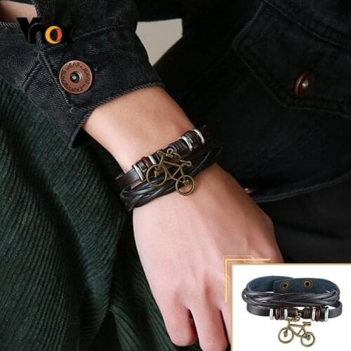 Vnox Vintage Bike Charm Bracelet for Men Women,Metal Bicycle Wristband,Layered Leather Bangle,Retro Casual Jewelry