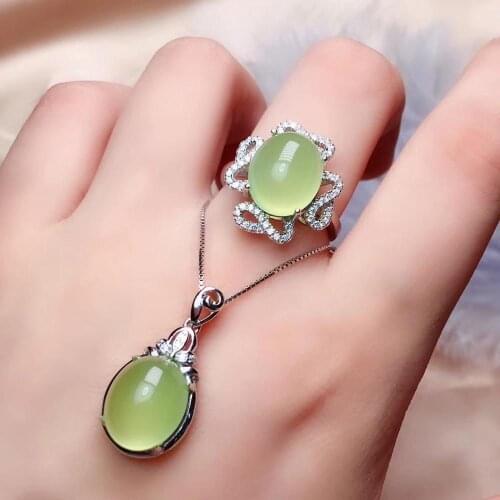 Anniversary Best Gift Prehnite Jewelry set Natural And Real Prehnite Set 925 sterling silver Fine jewelry 1pc Ring,1pc Pendant