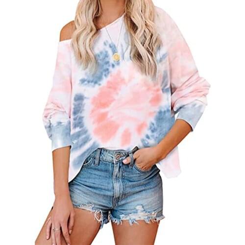 2020 Women Elegant Fashion Women Long Sleeve One Shoulder Swirl Tie Dye Loose Blouse Top Pullover Fashion Plus Size Streetwear