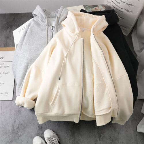 Women Sweatshirt hoodie coat Korean Soild Color Long Sleeve Female Lazy Plush and Thick Zip-up Autumn And Winter Fashion