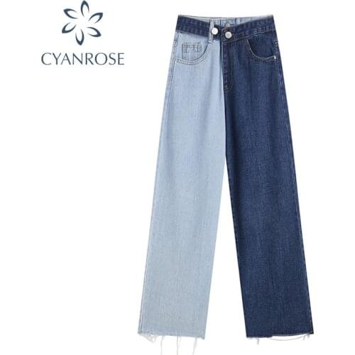 2021 Women Jeans High Waist Color Contrast Irregular Straight Wide Leg New Spring And Autumn Y2K Punk Streetwear Denim Pant