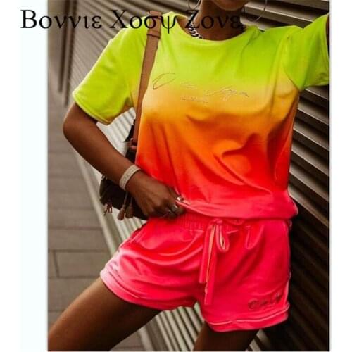 Short Sleeve O-neck Letter Print Colorblock T-Shirt & Drawstring Shorts Set 2PC Set For Summer Women 2021