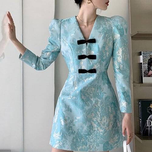 2021 Spring Summer Female Fashion Clothes Vintage Blue Dress Slim Elegant Women Printed Long Sleeve Dresses