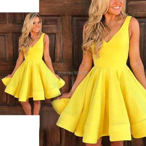 N278 love yellow Fashion V-neck sleeveless A-line above-knee spandex homecoming dresses/formal gowns with pocket free shipping