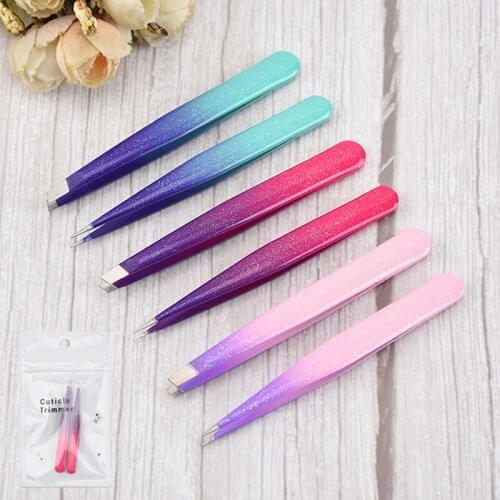 2Pcs Hair Removal Tweezers Eyebrow Tweezers Epoxy Glue Pink Slanted Black Tip Point Face Harmless Makeup Beauty Tool New