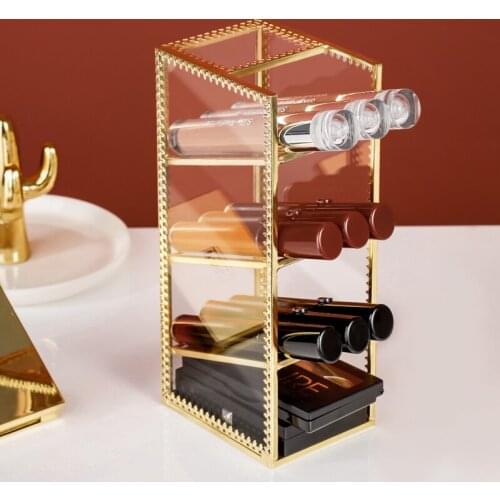 4 Grid Gold Glass Makeup Organizer Jewelry Storage Box Cosmetic Display Stand Brush Lipstick Holder Makeup Organizer Storage Box