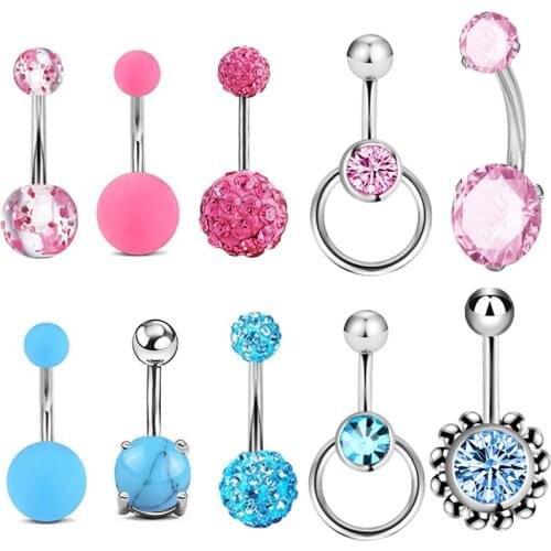 5Pcs/Lot Navel Piercing Women Rhinestones Belly Button Rings 316L Surgical Steel CZ Crystal Zircon Navel Rings Body Jewelry