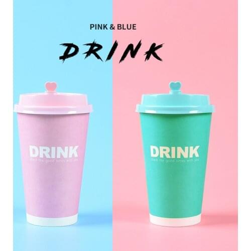 50pcs Pink blue disposable coffee cup 500ml party birthday wedding favor creative cold hot drink paper cup with love lid