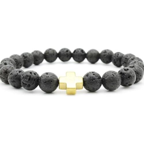 8mm jjy4 gold cross Magnetite adjusted zircon cubic zirconia Bracelet black volcanic lava Stone bead essential oils diffuser