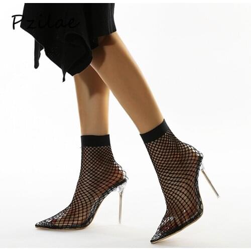 Pzilae Black sock boots new spring autumn sexy clear high heels PVC ankle boots for women pointed toe slip on stretch mesh shoes