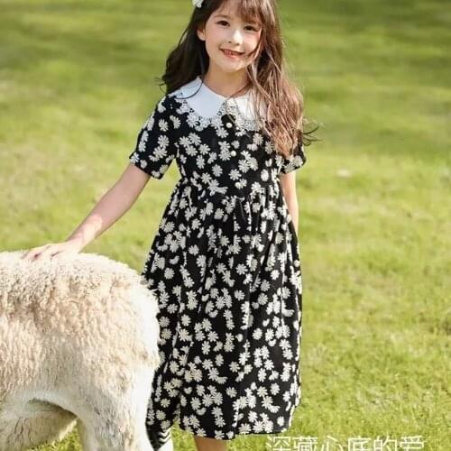 Summer Girls Short Sleeve Dress Kids Print Chiffon Dresses for Girls Cute Princess Dress 6-15Years Children Clothing Vestidos