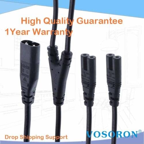 IEC320 C8 to 2X C7 Y Split AC Power Cord, IEC Figure 8 Male to 2 Female 1 in 2 Out AC Power Cable, Length=30CM Black