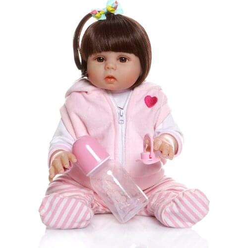Straight hair 48CM bebe doll reborn toddler doll girl in pig dress full body soft silicone realistic flexible baby bath toy