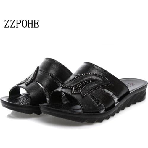 ZZPOHE summer leather mother slippers soft-soled womens shoes wedge heel middle-aged mother shoes ladies sandals and slippers