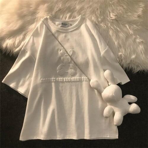 Summer Leucorrhea Chain Diagonal Doll Rabbit Harajuku Solid 3D Letters Printed Bump Printing Short-Sleeved T-Shirt Female