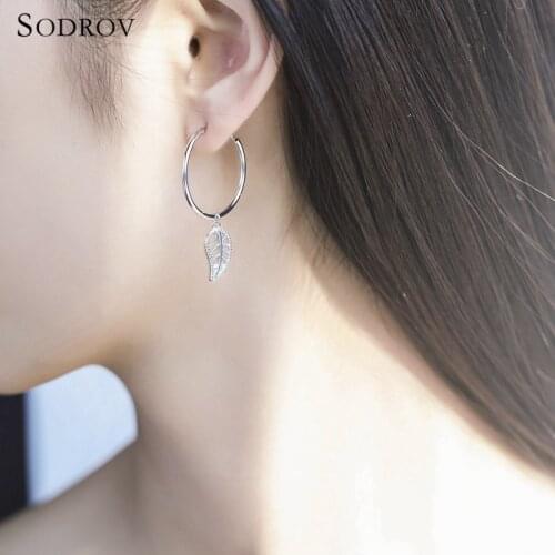 Trendy Womens Silver Genuine 925 Sterling Silver Round & Leaf Hoop Earrings High Jewelry NewYear & Valentines Day Gift HE026