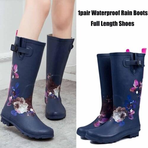 Fashion Women Waterproof Rain Boots Full Length Floral Printed Boot Non-slip Rubber Yard Garden Water Shoes Galoshes Overboot#35