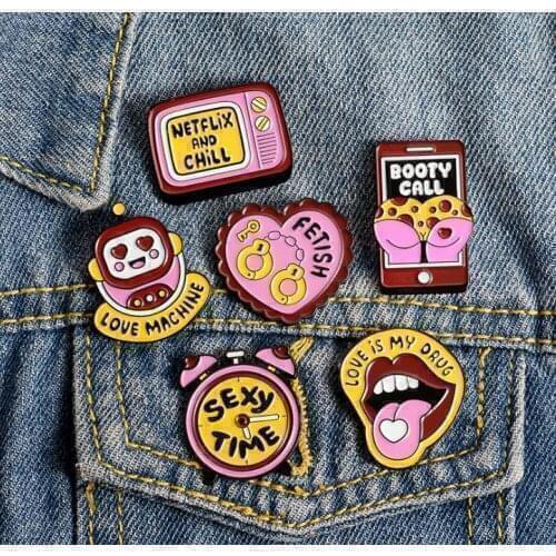 New Accessories cute cartoon Enamel fun products handcuffs TV alarm clock pink Brooches women pins