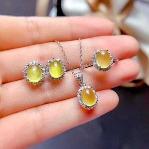 New Design Prehnite Set Natural And Real Prehnite Jewelry set 925 sterling silver 1pc Ring,1pc Pendant,2pcs Earring