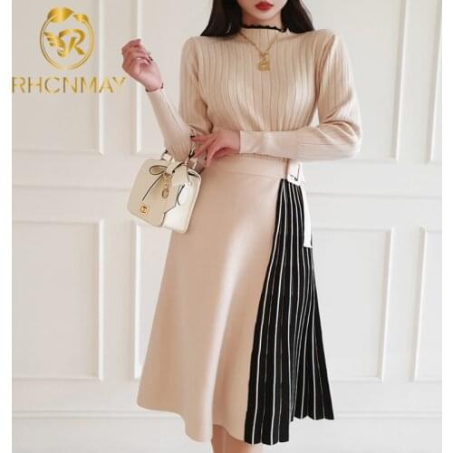 Autumn 2021 New Korean Style Women Stand Collar Long Sleeve Fashion Temperament Patchwork Knitted Sweater A-Line Dress