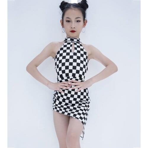 Plaid Latin Dance Dress Girl Stage Costume Summer Dress Backless Salsa Dancer Outfit Cha Cha Dancewear Designer Clothes JL3178