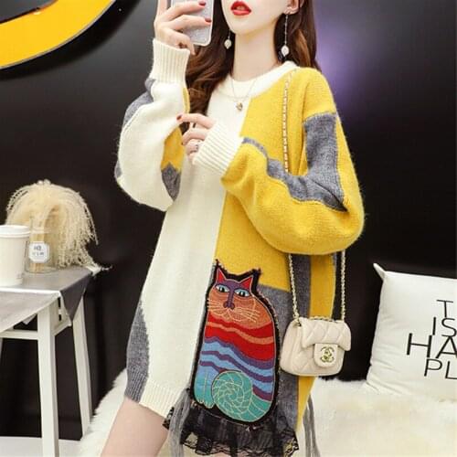 Lazy Cartoon Pullover Sweater Woman 2020 New Autumn Winter Fashion All-Match Loose Thicken Splicing knitting Sweater Female A327