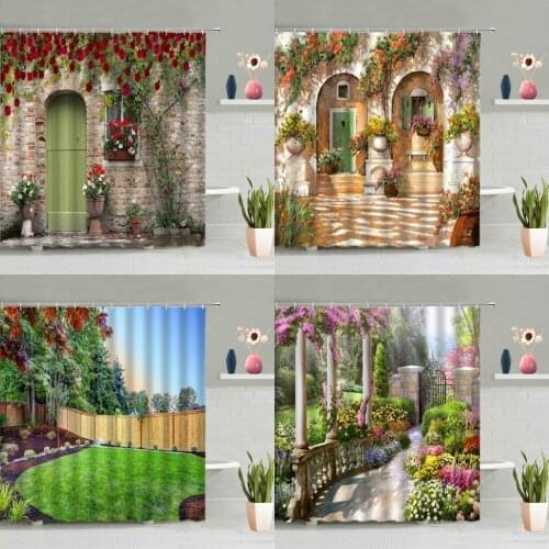 European Style Town Scenery Shower Curtain Garden Green Plants Flowers Natural Landscape Bathtub Decor Screen Washable With Hook