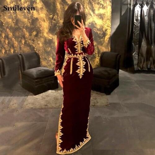 Smileven Morocco Caftan Evening Dresses V Neck Mermaid Prom Dress Velvet Long Sleeve Formal Evening Party Dress