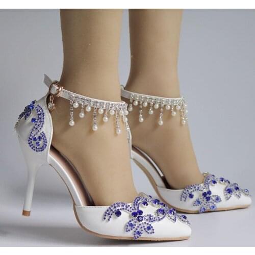 Crystal Queen Blue Rhinestone White Pearl Wedding Shoes Thin Heels Shoes Bridal High Heels Female Party Ankle Strap Sandals