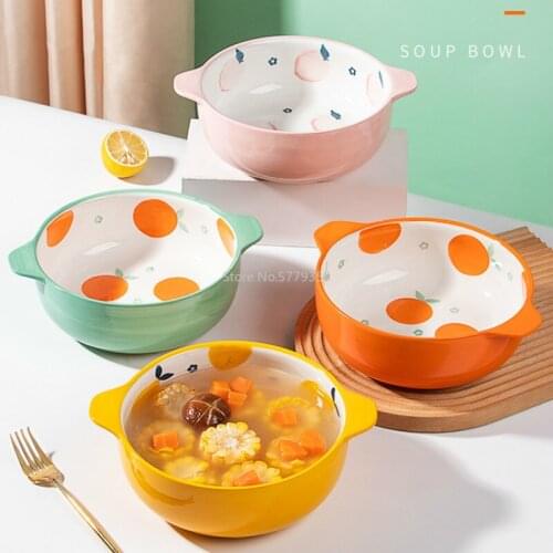 Fresh and Cute Binaural Soup Bowl Large Household Ceramic Bowl Soup Bowl Creative Personality Tableware Instant Noodle Bowl