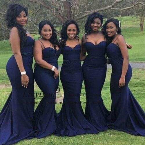 Navy Blue Mermaid Bridesmaid Dresses 2020 Sexy Backless Spaghetti Sweep Train Maid of Honor Gowns Formal Wedding Party Dress