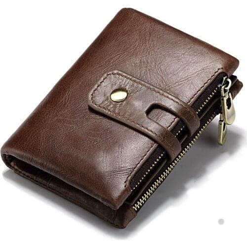 High Quality Double Zipper Buckle Leather Mens Wallet Retro Crazy Horse Leather Mens Bag Casual Coin Purse
