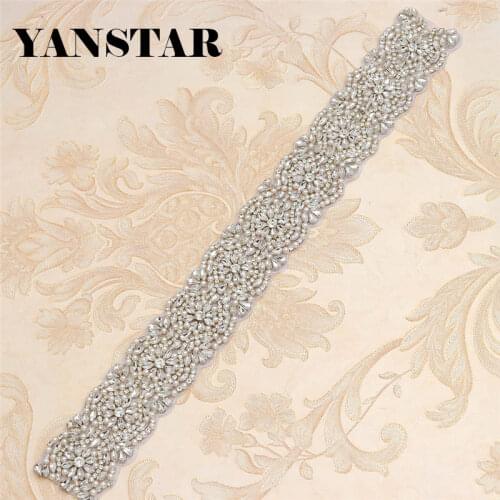 YANSTAR 5PCS Rhinestones Appliques Iron For Wedding Dress Belts Silver and Rose Gold Rhinestone Applique 45cm*6cm YS876