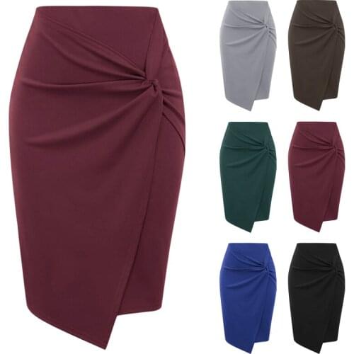 OL Solid Color Womens Skirts Asymmetrical Wrap Front Stretchy Bodycon Skirt Sexy Elegant Fashion Summer Slim Work Pencil Skirt