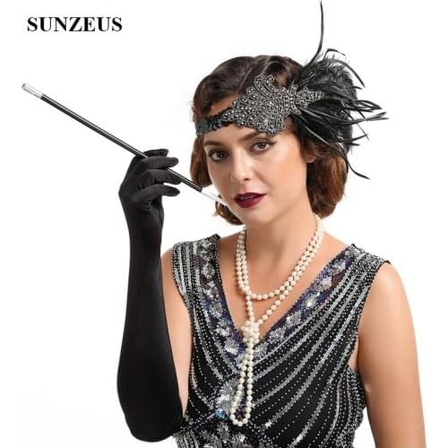 Black Feathers Gold Beaded Headband Women Dinner Party Formal Headwear Bridal Hair Accessories accesorios novia BQ019