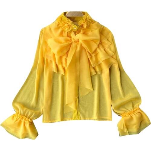 Three-Dimensional Flower Top Womens Shirt Retro Floral Stand Collar Flare Sleeve with Scarf Ruffled Blouse Girls Ladies Tops