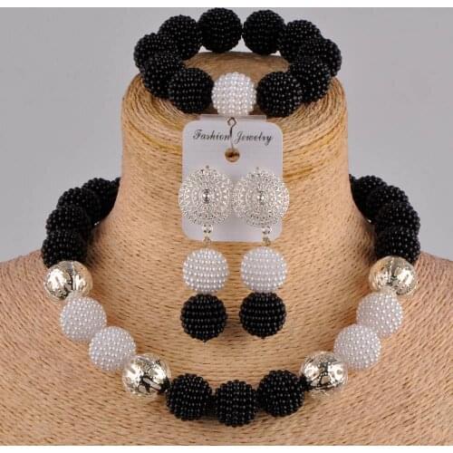 Black white jewelry set african necklace nigeria beads simulated pearl necklace bracelet earrings set jewelry for women FZZ09