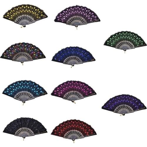 10pcs Chinese Style Embroidered Sequins Fan Dance Wedding Party Silk Folding Fan Women Photo Prop Tool Art Craft
