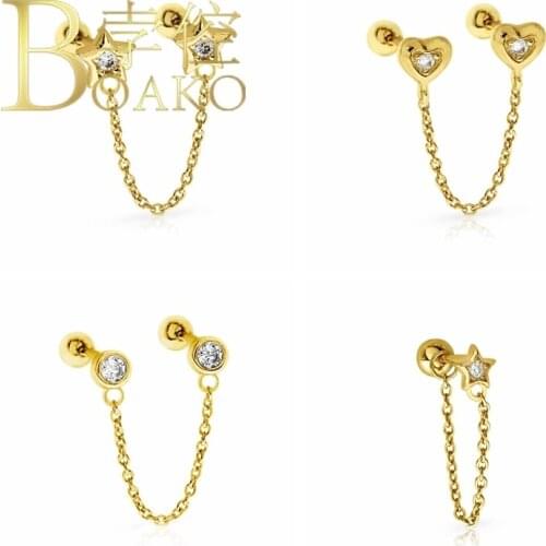 BOAKO Mini Zircon Piercing Chain Stud Earring 925 Sterling Silver Earrings For Women Pendientes Brincos Fine Jewelry Girls Gifts